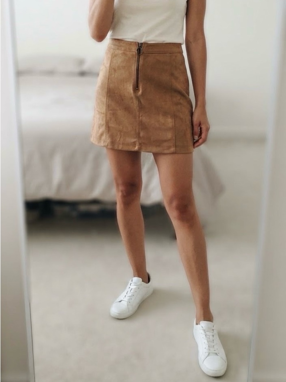 Old Navy Tan Faux-Suede Mini Skirt with Front Zip Ring